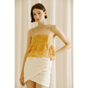 Mesh Floral Embellished Baby Doll Top In Apricot